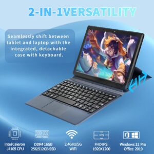 2 in 1 Laptop【Office 2019/Win11 Pro】10.1" Touch-Screen Tablet 2K (1920x1200)IPS Display Celeron J4105 CPU 1.5~2.5Ghz,DDR4 16GB RAM 512GB SSD,Ultra-Light Portable Laptop/Camera 2MP+5MP(16G+512GB,Black)