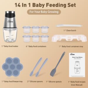 KNOIER Baby Food Maker, 14 in 1 Set for Baby Food, Fruits, Meat, Mini Baby Food Processors with Containers/Food Chopper with 6 Bi-Level Blades, Baby Essentials Gift Set with Baby Food Feeder
