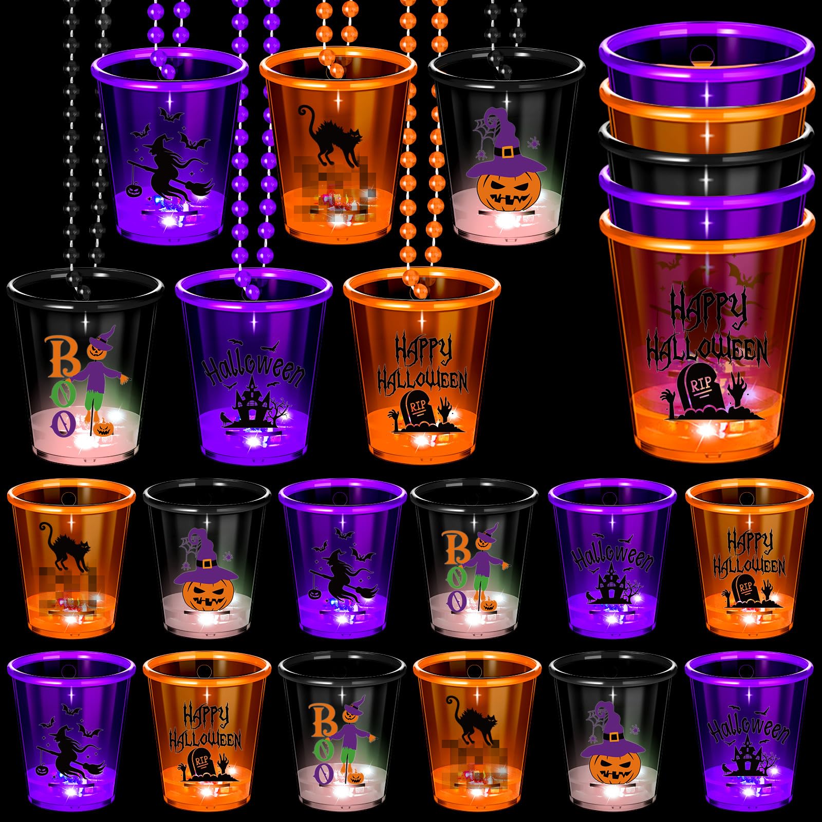 Huquary 42 Pcs LED Light Up Halloween Shot Glass Necklaces Glow in the Dark Halloween Plastic Shot Necklace Cups Flash Shot Necklace Cups for Halloween Party Costume Supplies, 6 Styles