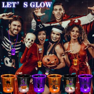 Huquary 42 Pcs LED Light Up Halloween Shot Glass Necklaces Glow in the Dark Halloween Plastic Shot Necklace Cups Flash Shot Necklace Cups for Halloween Party Costume Supplies, 6 Styles