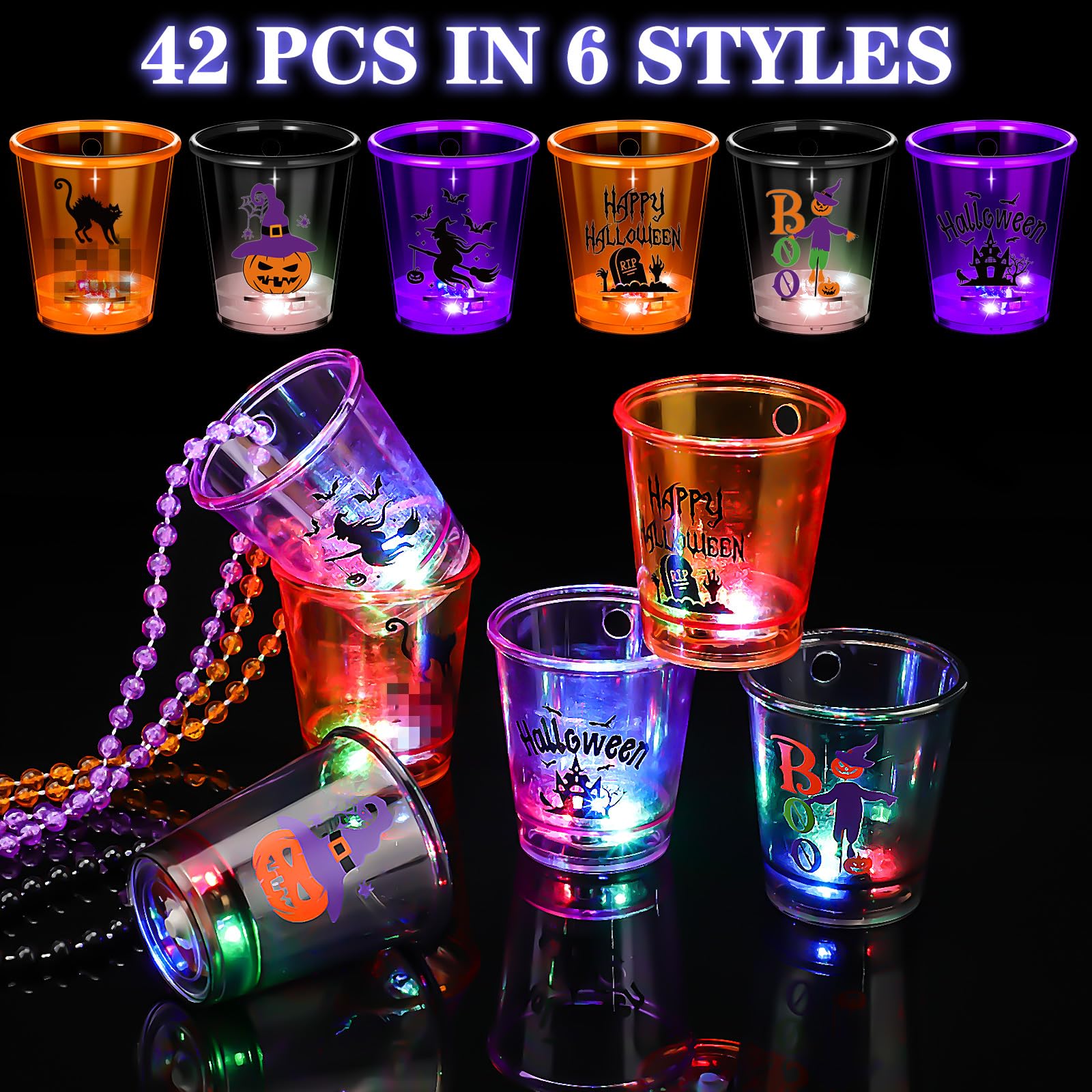 Huquary 42 Pcs LED Light Up Halloween Shot Glass Necklaces Glow in the Dark Halloween Plastic Shot Necklace Cups Flash Shot Necklace Cups for Halloween Party Costume Supplies, 6 Styles