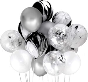 mayen 50 pcs 12 inches black silver white balloons set, black marble balloons, silver metallic and silver confetti balloons, black and silver birthday party decorations, silver graduation decorations