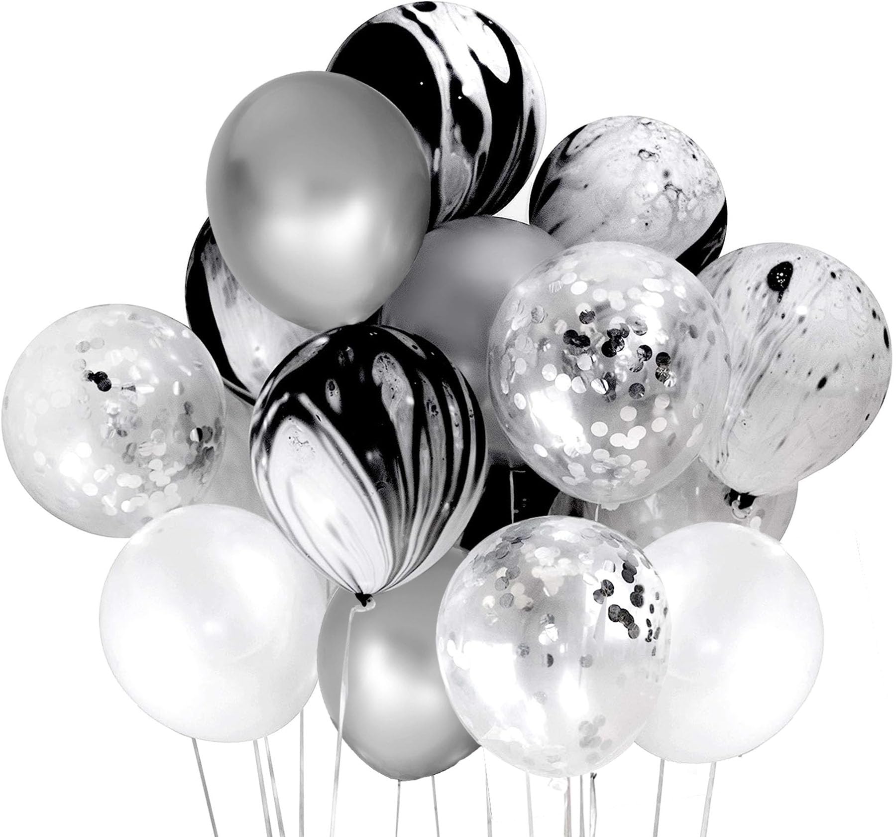 Mayen 50 Pcs 12 Inches Black Silver White Balloons Set, Black Marble Balloons, Silver Metallic and Silver Confetti Balloons, Black and Silver Birthday Party Decorations, Silver Graduation Decorations