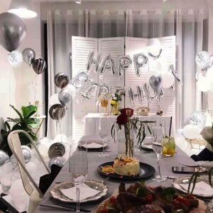 Mayen 50 Pcs 12 Inches Black Silver White Balloons Set, Black Marble Balloons, Silver Metallic and Silver Confetti Balloons, Black and Silver Birthday Party Decorations, Silver Graduation Decorations