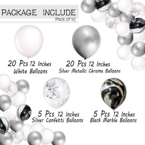 Mayen 50 Pcs 12 Inches Black Silver White Balloons Set, Black Marble Balloons, Silver Metallic and Silver Confetti Balloons, Black and Silver Birthday Party Decorations, Silver Graduation Decorations