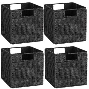 vagusicc wicker storage basket, set of 4 [2 pack 9 inches+ 2 pack 11 inches] hand-woven wicker baskets for storage, foldable cube storage baskets bins with handles, black
