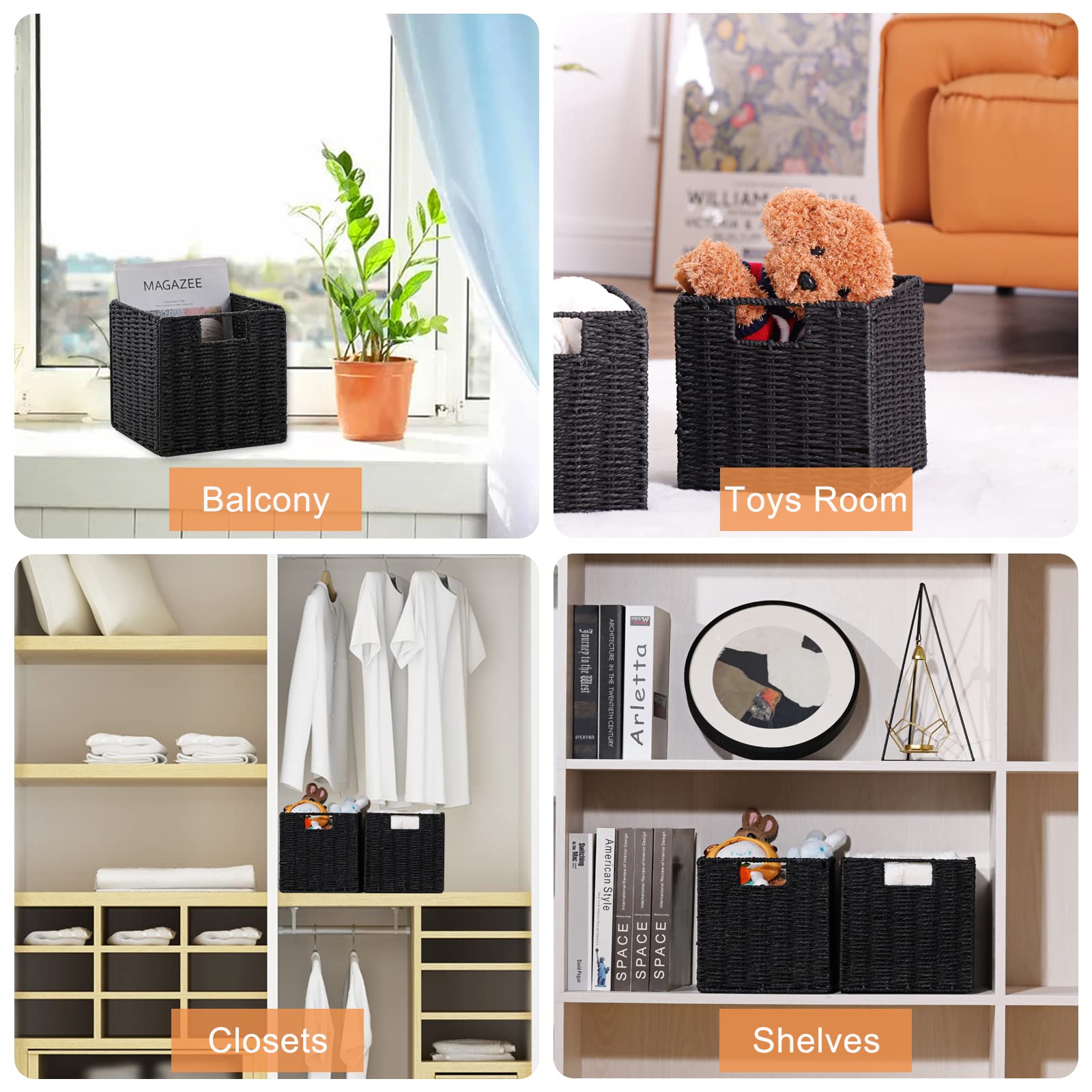 Vagusicc Wicker Storage Basket, Set of 4 [2 Pack 9 Inches+ 2 Pack 11 Inches] Hand-Woven Wicker Baskets for Storage, Foldable Cube Storage Baskets Bins with Handles, Black