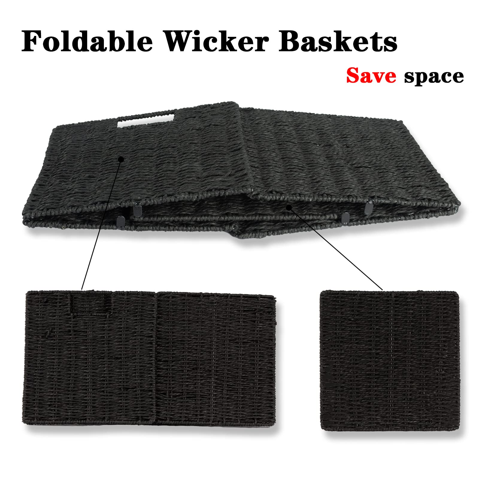 Vagusicc Wicker Storage Basket, Set of 4 [2 Pack 9 Inches+ 2 Pack 11 Inches] Hand-Woven Wicker Baskets for Storage, Foldable Cube Storage Baskets Bins with Handles, Black