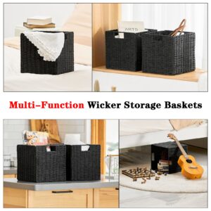 Vagusicc Wicker Storage Basket, Set of 4 [2 Pack 9 Inches+ 2 Pack 11 Inches] Hand-Woven Wicker Baskets for Storage, Foldable Cube Storage Baskets Bins with Handles, Black