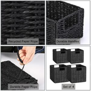 Vagusicc Wicker Storage Basket, Set of 4 [2 Pack 9 Inches+ 2 Pack 11 Inches] Hand-Woven Wicker Baskets for Storage, Foldable Cube Storage Baskets Bins with Handles, Black