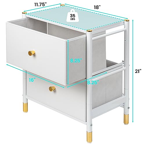 FLYJOE 2 Drawer Nightstands for Bedroom - Small Bedside Dresser with PU Leather Front Bins- Stylish End Table and Night Stand Furniture - Perfect for Closet, Bedroom, White