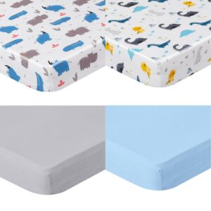 preboun 4 pieces muslin crib sheets for boys girl, fitted baby toddler bed sheets 28'' x 52'', neutral muslin cotton crib mattress sheet, soft and breathable comfort baby sheets (dinosaur, crocodile)