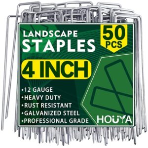 houya 50 pack landscape staples 4 inch 12 gauge garden stakes galvanized garden staples pins anti-rust ground stakes for weed barrier, irrigation tubing, yard lawn, landscape fabric