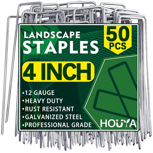 HOUYA 50 Pack Landscape Staples 4 Inch 12 Gauge Garden Stakes Galvanized Garden Staples Pins Anti-Rust Ground Stakes for Weed Barrier, Irrigation Tubing, Yard Lawn, Landscape Fabric