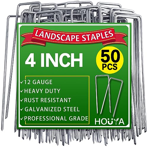 HOUYA 50 Pack Landscape Staples 4 Inch 12 Gauge Garden Stakes Galvanized Garden Staples Pins Anti-Rust Ground Stakes for Weed Barrier, Irrigation Tubing, Yard Lawn, Landscape Fabric