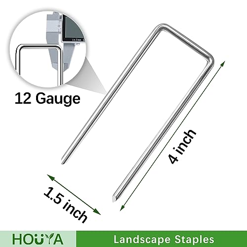 HOUYA 50 Pack Landscape Staples 4 Inch 12 Gauge Garden Stakes Galvanized Garden Staples Pins Anti-Rust Ground Stakes for Weed Barrier, Irrigation Tubing, Yard Lawn, Landscape Fabric