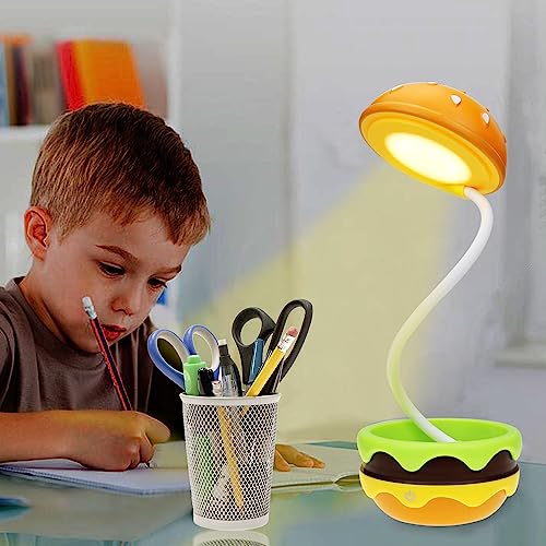 Cute Desk Lamp for Kids, Rechargeable Hamburger Small Desk Lamps with Adjustable Neck Dimmable Touch Switch, Nursery Night Lights, Kawaii Desk Accessories, Kawaii Room Decor for Boys Girls Gifts