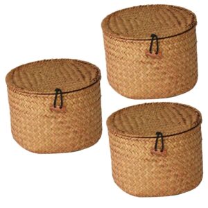 alipis 3pcs round wicker basket storage box with lid, multi-functional, woven baskets for shelf decor, practical for home
