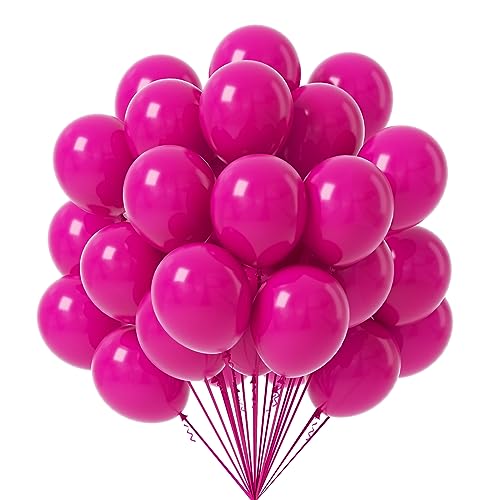 FOTIOMRG Hot Pink Balloons 12 inch, 70 Pack Hot Pink Latex Party Balloons Helium Quality for Birthday Baby Bridal Shower Bachelorette Party Decorations (with Hot Pink Ribbon)