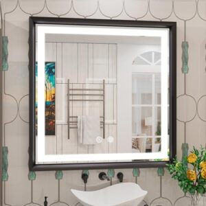 jsneijder 32x32 inch led bathroom mirror with lights - black frame lighted mirror for bathroom - wall mounted dimmable anti-fog led vanity mirror - horizontal/vertical, 6000k
