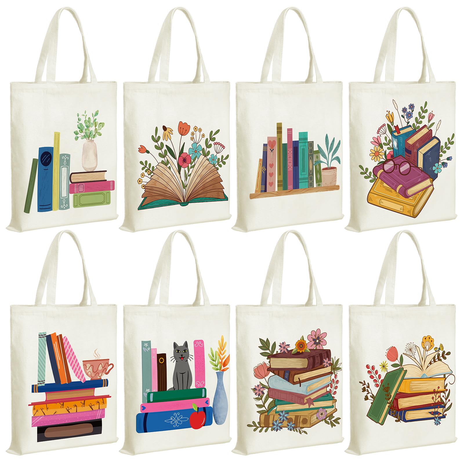 Sweetude 8 Pack Canvas Book Tote Bag Bulk Library Grocery Bag Aesthetic Book Lovers Club Gifts Librarian Bookish Gifts for Readers(Book)