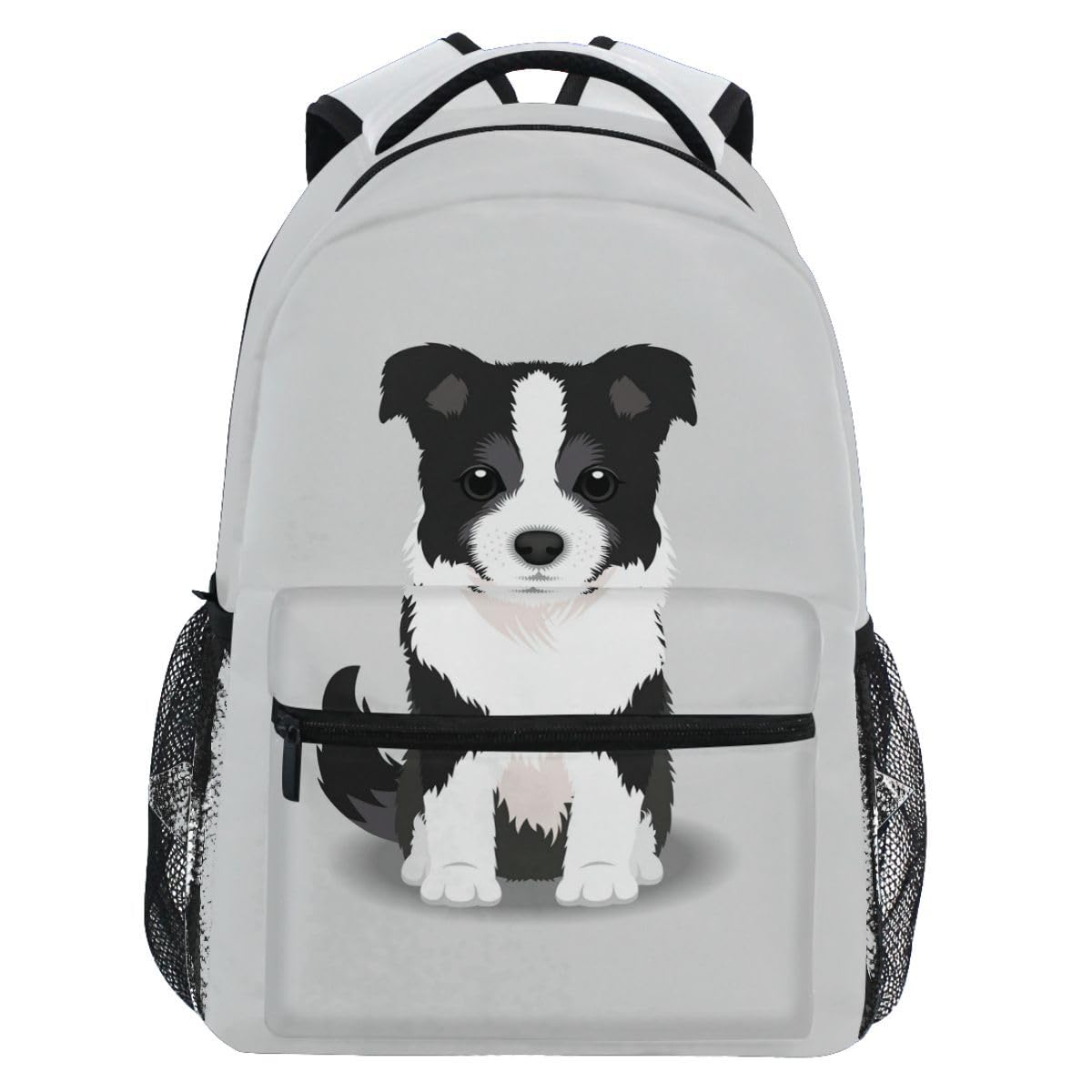 Pfrewn 17 Inch Kids Dog Grey Backpacks for Girls Boys Border Collie Puppy Travel School Backpack for Students School Teens