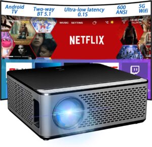 upgrade 4k projector with wifi and bluetooth, native 1080p, ultra-low latency of 0.1 seconds, 600 ansi, keystone & 50% zoom, 300" display, home theater, compatible with ios/android/hdmi/win/ps5/tv