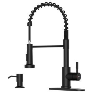 appaso black kitchen faucet with soap dispenser and pull down sprayer, sus304 stainless steel commercial single-handle spring faucet for kitchen sink, matte black