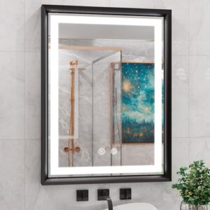 jsneijder led bathroom mirror, 24x32 inch black frame lighted bathroom mirror with lights, wall mounted,anti-fog,stepless dimmable,cri90+,touch button,shatterproof(horizontal/vertical)