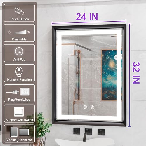 JSneijder LED Bathroom Mirror, 24x32 Inch Black Frame Lighted Bathroom Mirror with Lights, Wall Mounted,Anti-Fog,Stepless Dimmable,CRI90+,Touch Button,Shatterproof(Horizontal/Vertical)