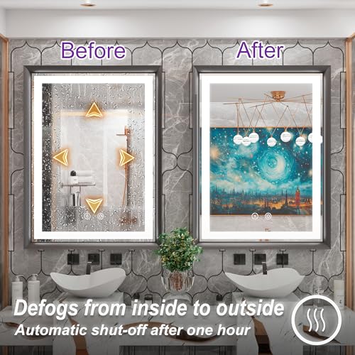 JSneijder LED Bathroom Mirror, 24x32 Inch Black Frame Lighted Bathroom Mirror with Lights, Wall Mounted,Anti-Fog,Stepless Dimmable,CRI90+,Touch Button,Shatterproof(Horizontal/Vertical)