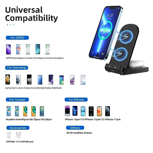 Wireless Charger for iPhone/Samsung/AirPods, 2-in-1 iPhone Charger Fast Charging, Wireless Charging Station for iPhone14/13/12/11/Pro/Max/SE/XS/XR/X/8 Plus/8, AirPods/Google/LG/Sony, etc