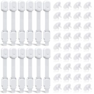 12 pack cabinet locks for babies with 36 pack must use outlet covers-easy no drilling installation-adjustable baby locks with 3m adhesives-multi use for cupboard, oven, fridge, toilet