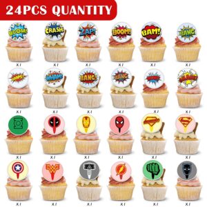 24pcs Super Theme Hero Cake Toppers Cupcake Ring Decor for Kids Hero Theme Birthday Party Supplies Baking Decorations Party Favors