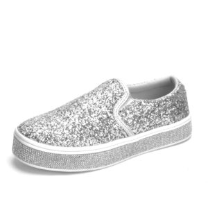 uubaris women's fashion loafers rhinestone glitter sneakers sparkly tennis shoes casual platform loafers bling slip-on sneakers silver-11