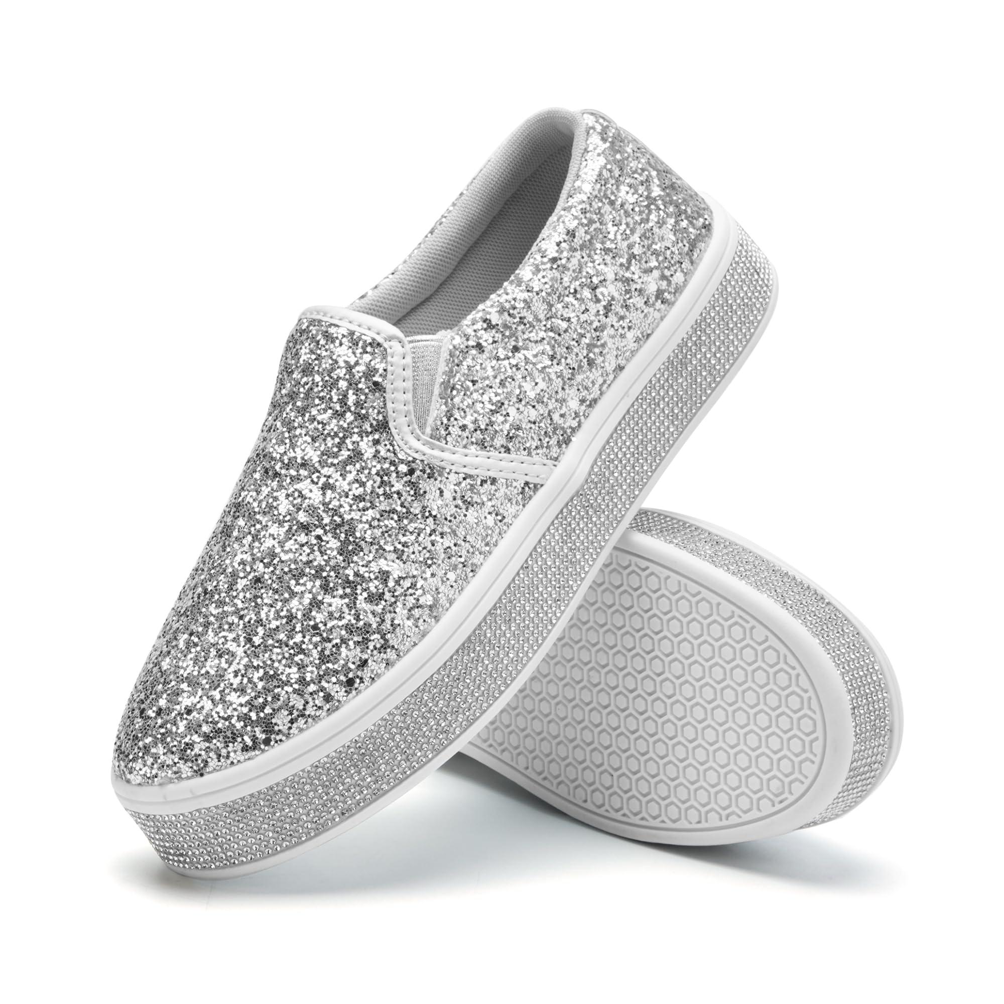 UUBARIS Women's Fashion Loafers Rhinestone Glitter Sneakers Sparkly Tennis Shoes Casual Platform Loafers Bling Slip-on Sneakers silver-11