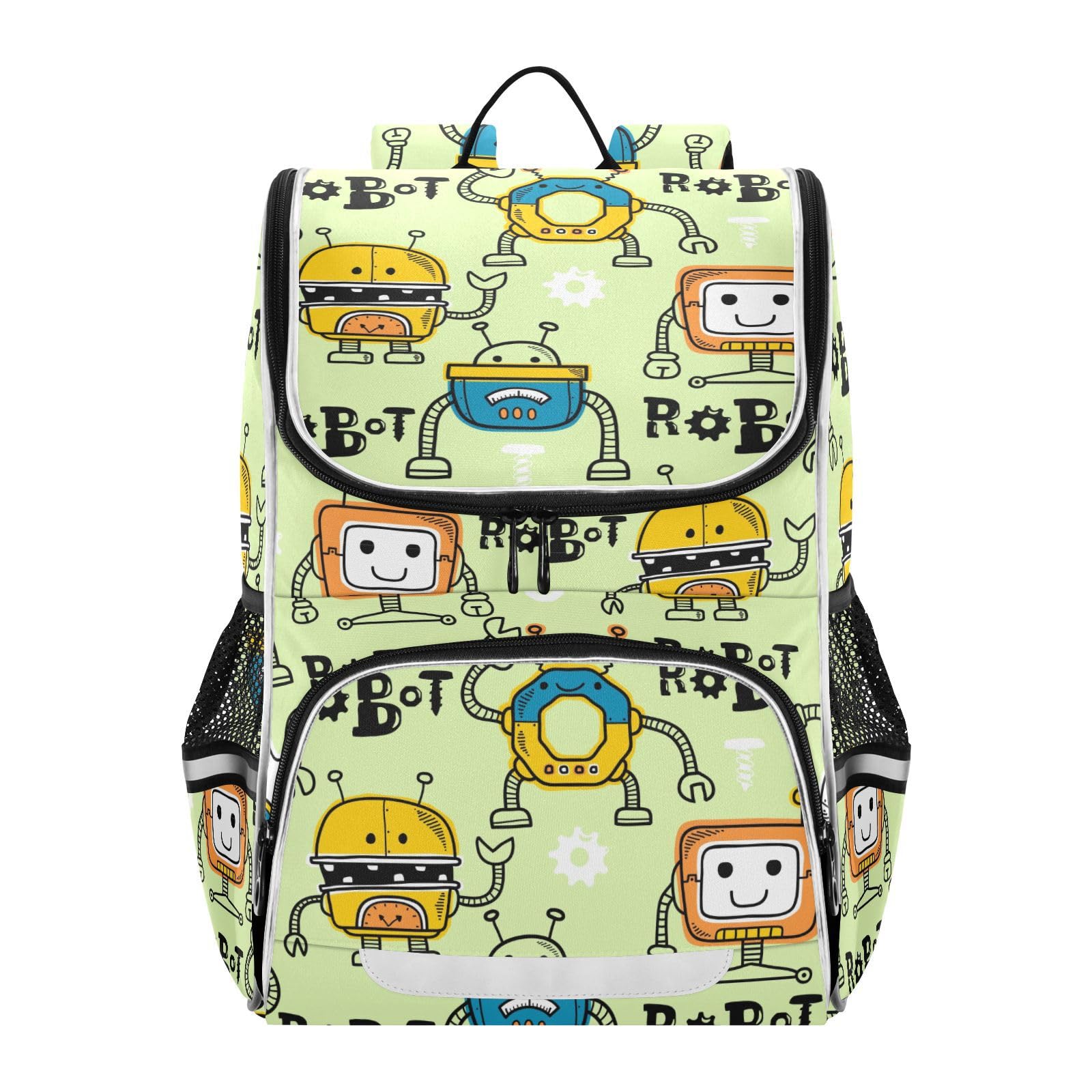 JULYTO Kids Backpack for Boys Girls with Reflective Stripes 17 inch Robots Cartoon Backpack for School Funny Theme School Bag Elementary Student Bookbag Daypack for Travel Hiking