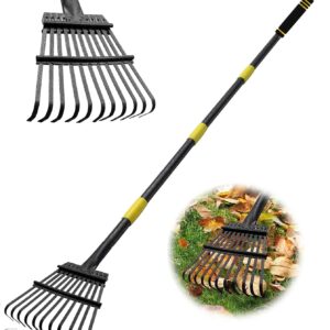 Coopvivi Garden Leaf Rakes, 6FT Rakes for Lawns Heavy Duty 11 Metal Tines 9 inch Wide, Adjustable Long Steel Handle, Small Shrub Rake, Gathering Leaves (Black)