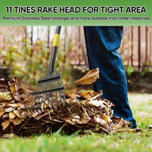 Coopvivi Garden Leaf Rakes, 6FT Rakes for Lawns Heavy Duty 11 Metal Tines 9 inch Wide, Adjustable Long Steel Handle, Small Shrub Rake, Gathering Leaves (Black)