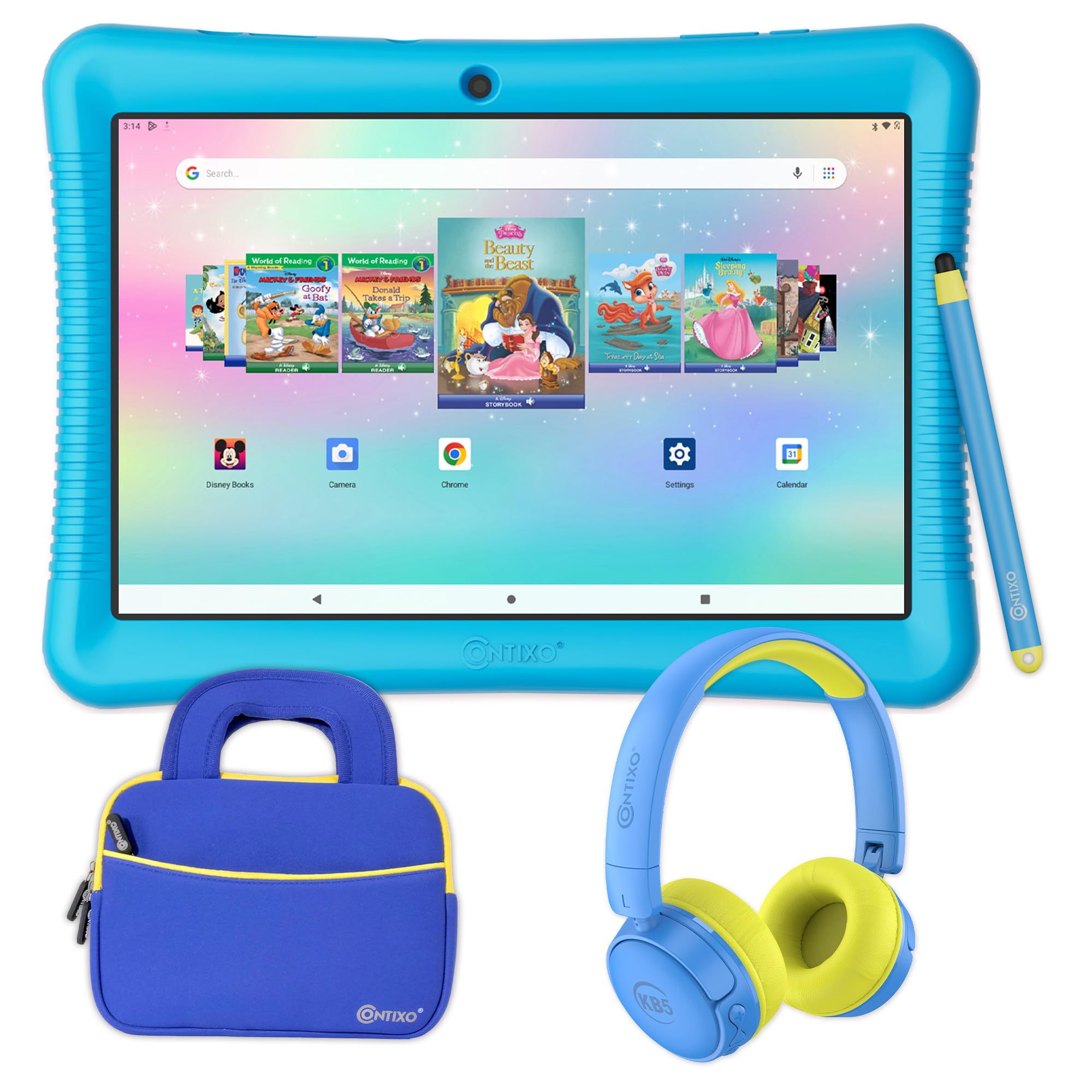 Kids Tablet, Contixo K102 10 Inch Kids Learning Tablet Bundle with $300 Disney E-Books, Kids Wireless Headphone and 10-inch Tablet Bag, with Kickstand and Stylus, Blue-Set