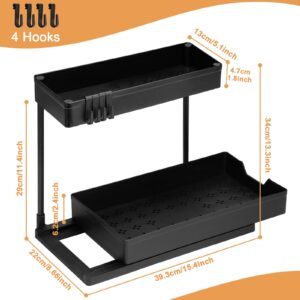 Bellzacasa Under Sink Organizers and Storage, 2 Tier Sliding L-shape Bathroom Cabinet Organizer, Multi-purpose Under Sink Organizer Shelf with 4 Hooks for Kitchen Bathroom Cabinet(Black, 1Pack)