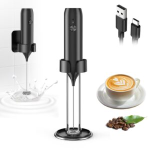 rechargeable milk frother, coffee frother handheld with usb-c cable, milk frother handheld for coffee, latte, cappuccino, matcha, macchiato, frappe, hot chocolate-black