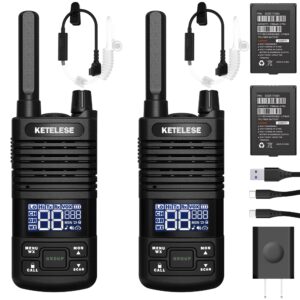 ketelese t1 rechargeable walkie talkies for adults long range, 22 channel 2 way radios, usb c frs walkie-talkie with earpiece, noaa, vox, group call for hiking, camping, hunting (2 pack), black