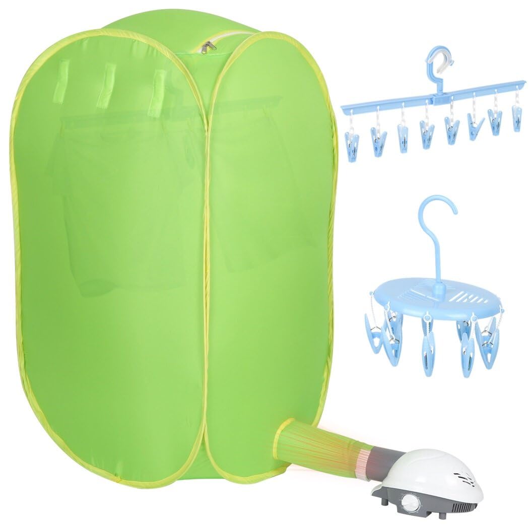 Portable Clothes Dryer, 800W Portable Dryer for Apartments, Foldable Drying Machine for Home Travel, Multifunctional Dryer Kit with Clothes Hangers, Green