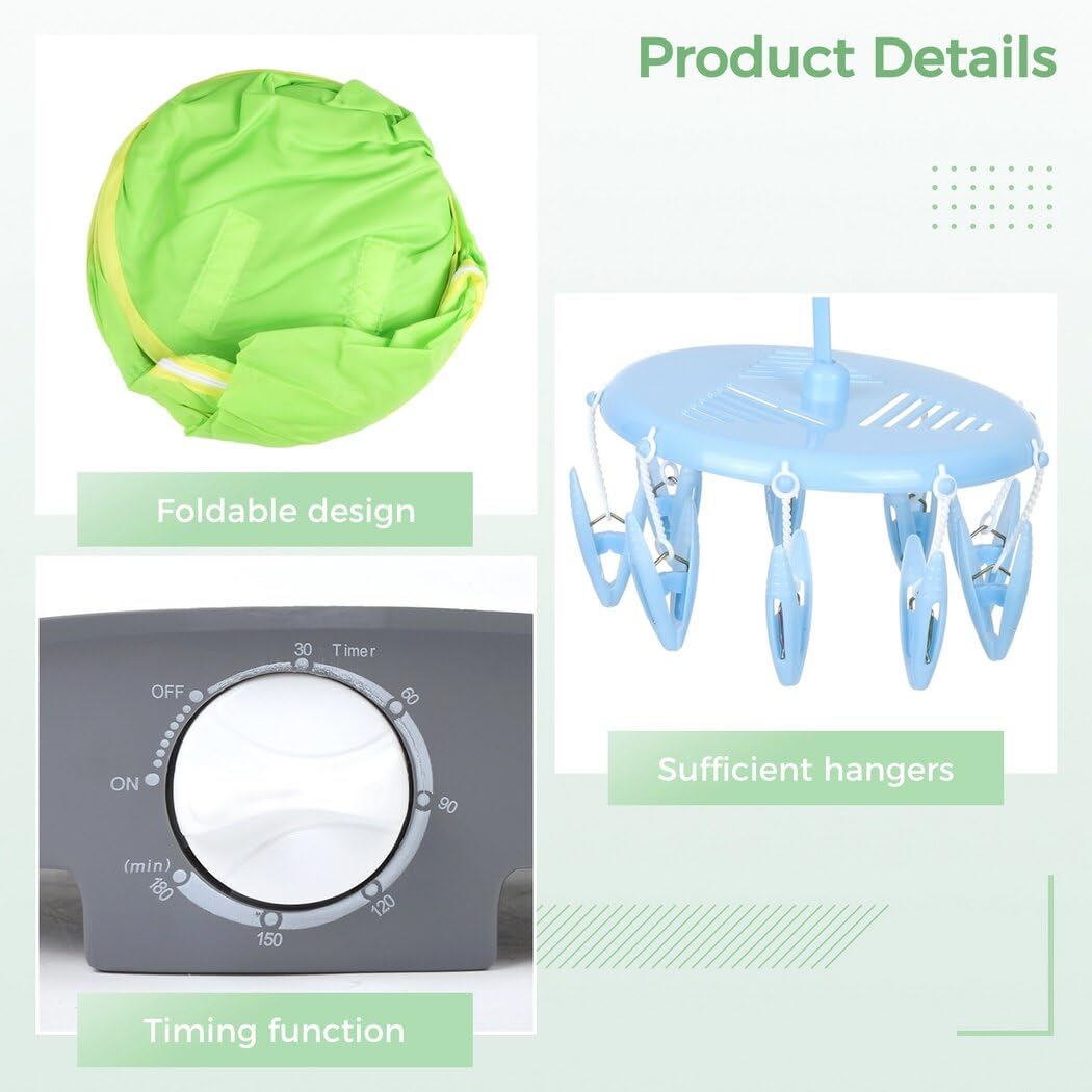 Portable Clothes Dryer, 800W Portable Dryer for Apartments, Foldable Drying Machine for Home Travel, Multifunctional Dryer Kit with Clothes Hangers, Green