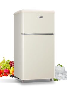 wanai compact refrigerator 3.5 cu.ft retro mini fridge with freezer 2 door mini refrigerator with 7 temp modes, removable shelves, led lights, ideal for apartment camper dorm and office, cream