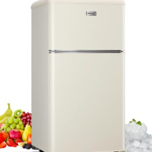 WANAI Compact Refrigerator 3.5 Cu.Ft Retro Mini Fridge With Freezer 2 Door Mini Refrigerator with 7 TEMP Modes, Removable Shelves, LED Lights, Ideal for Apartment Camper Dorm and Office, Cream