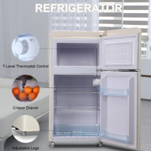 WANAI Compact Refrigerator 3.5 Cu.Ft Retro Mini Fridge With Freezer 2 Door Mini Refrigerator with 7 TEMP Modes, Removable Shelves, LED Lights, Ideal for Apartment Camper Dorm and Office, Cream