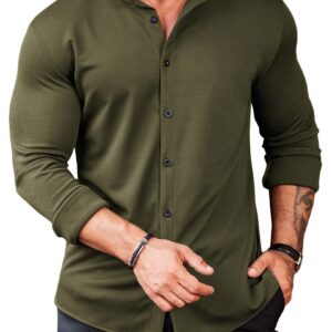 COOFANDY Mens Collarless Dress Shirts Muscle Fit Wrinkle Free Button Down Shirts Army Green