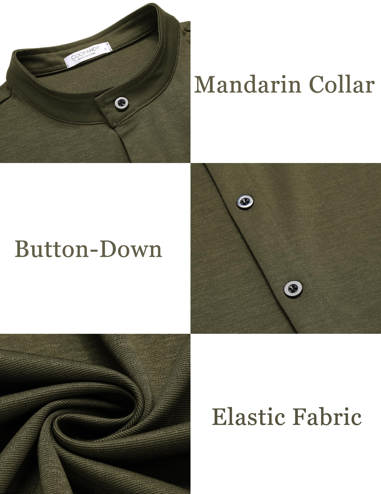 COOFANDY Mens Collarless Dress Shirts Muscle Fit Wrinkle Free Button Down Shirts Army Green